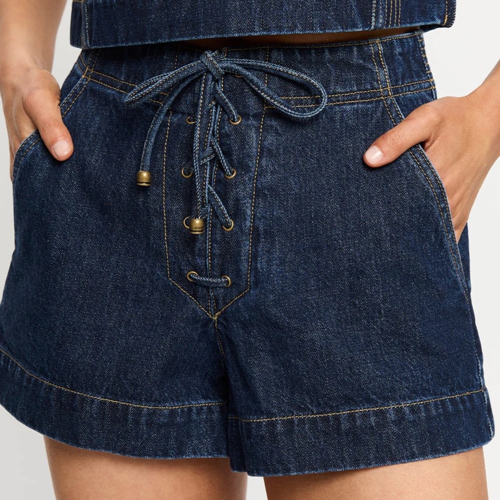KIVARI joelle denim blue jean shorts front lace tie